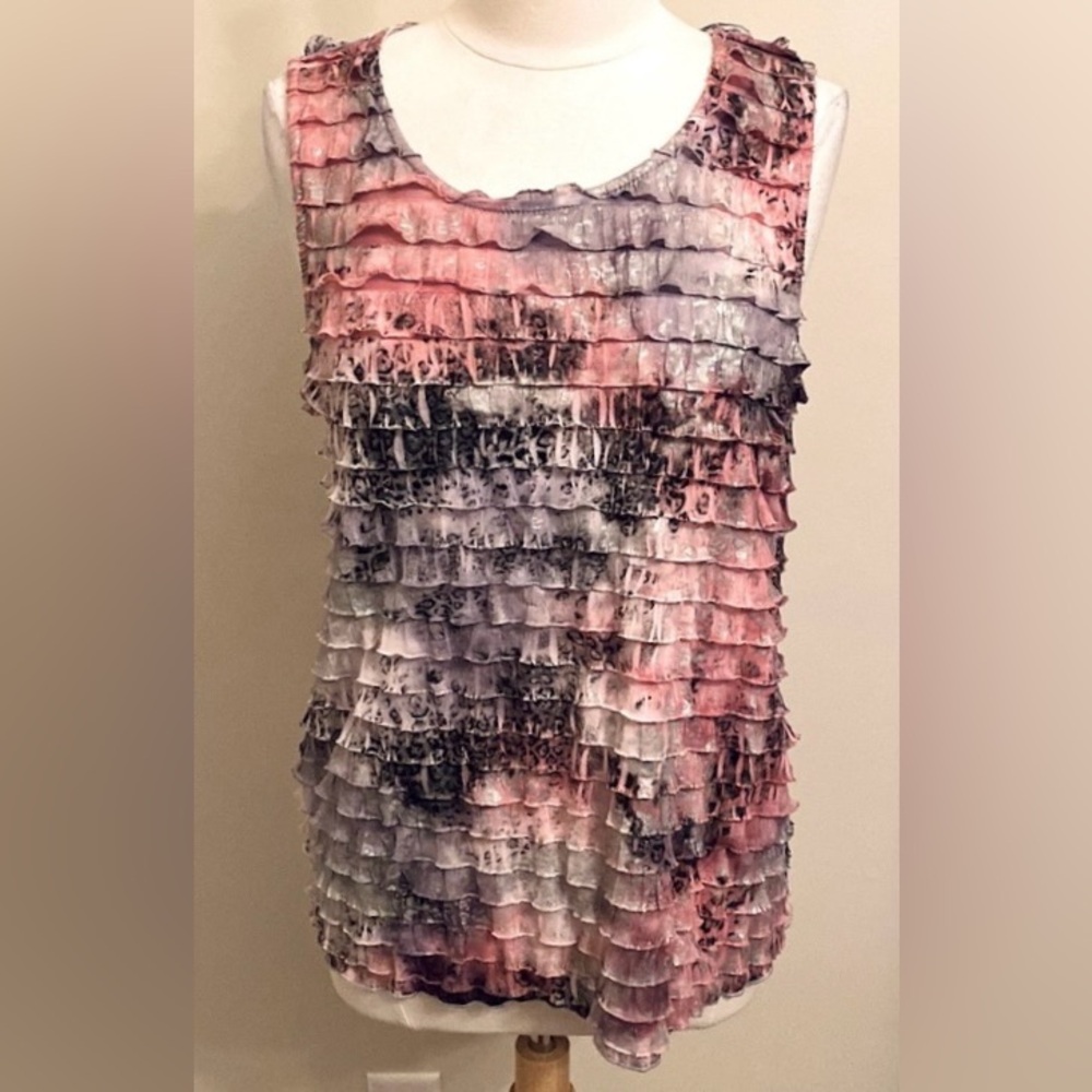 CJ Banks Pink Grey Black Print SZ 0X Whimsical Boho Cottagecore Ruffled Top